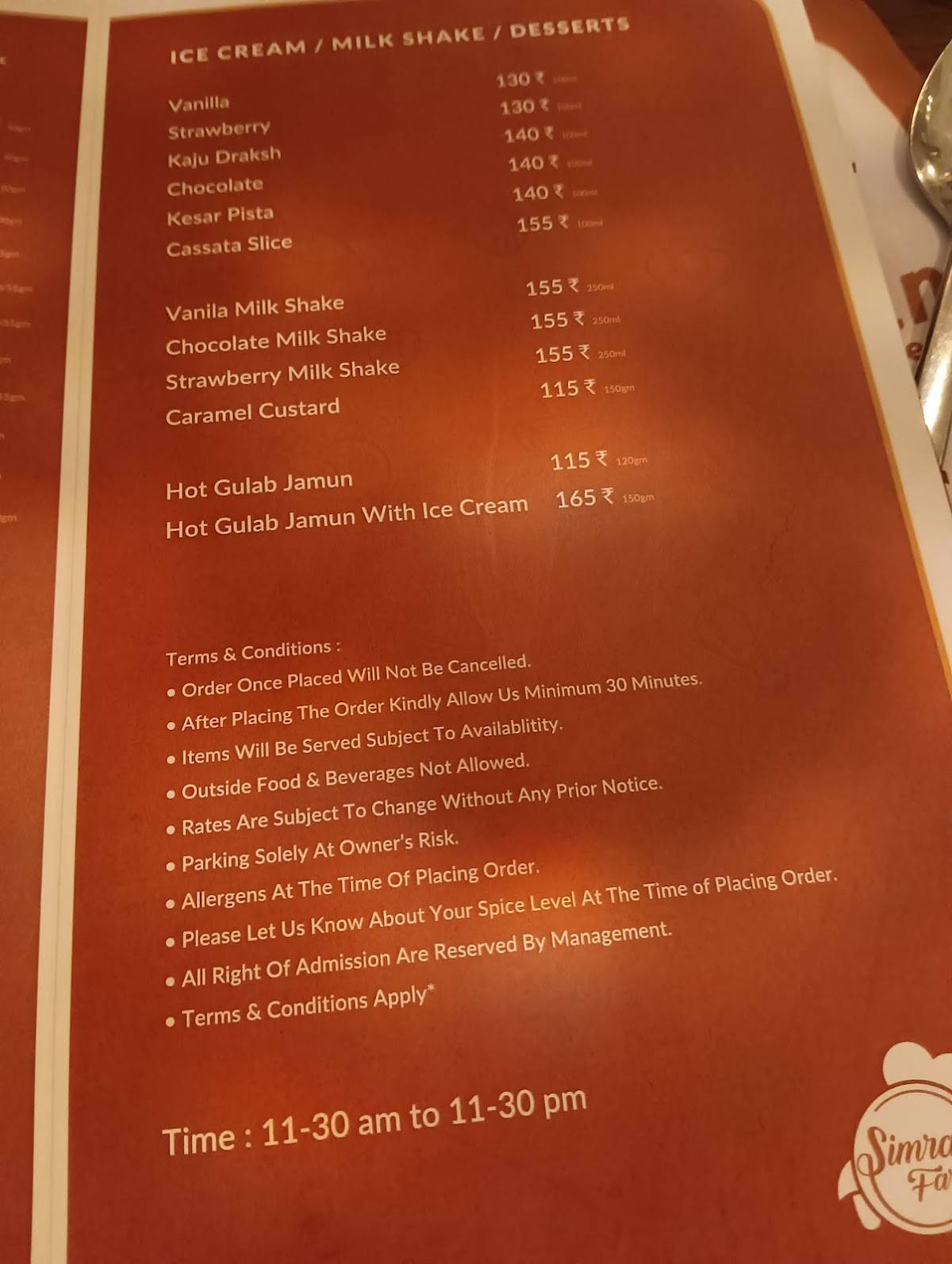 Simran Farm & Restaurant menu