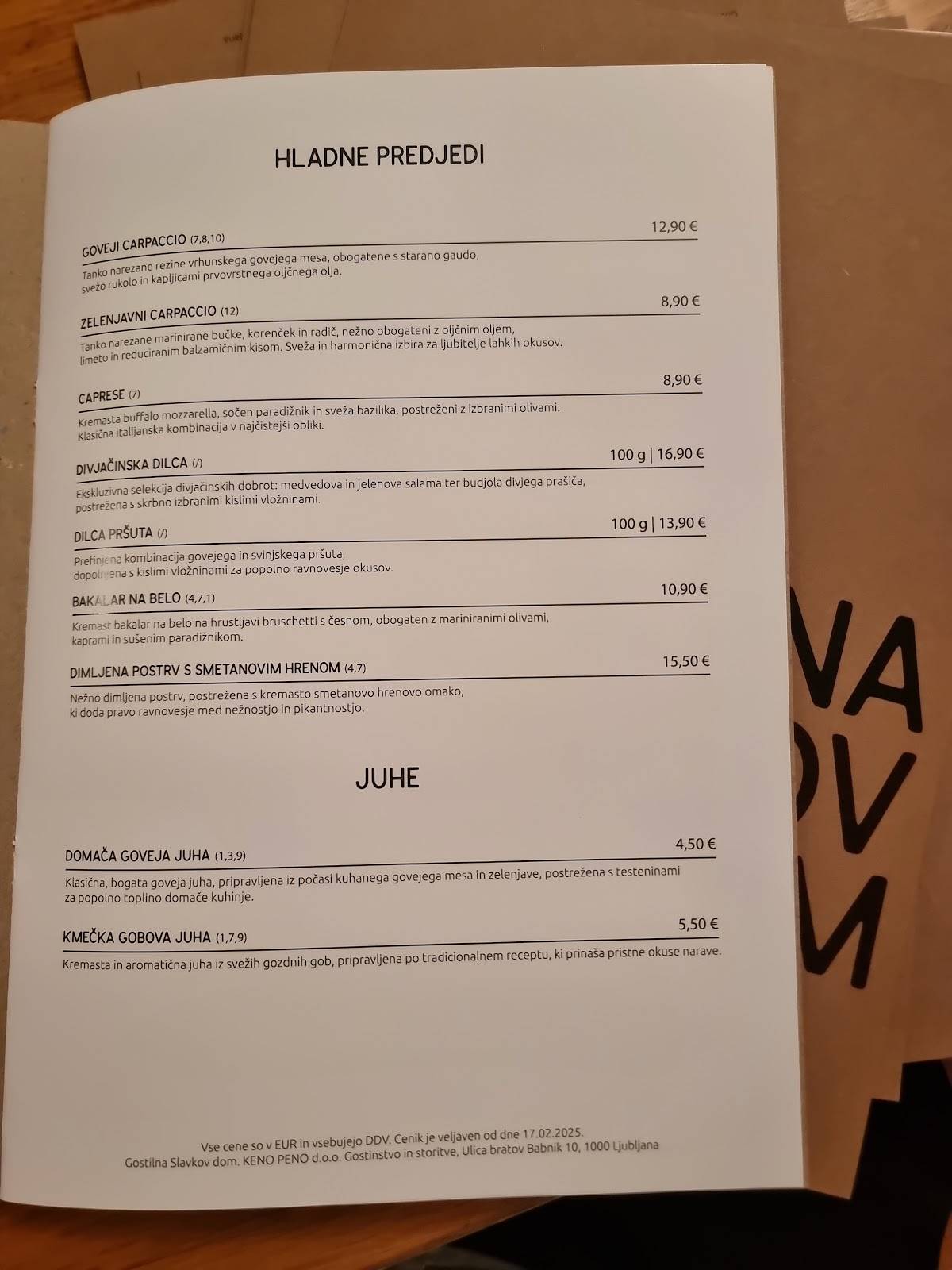 Menu di Slavkov dom 