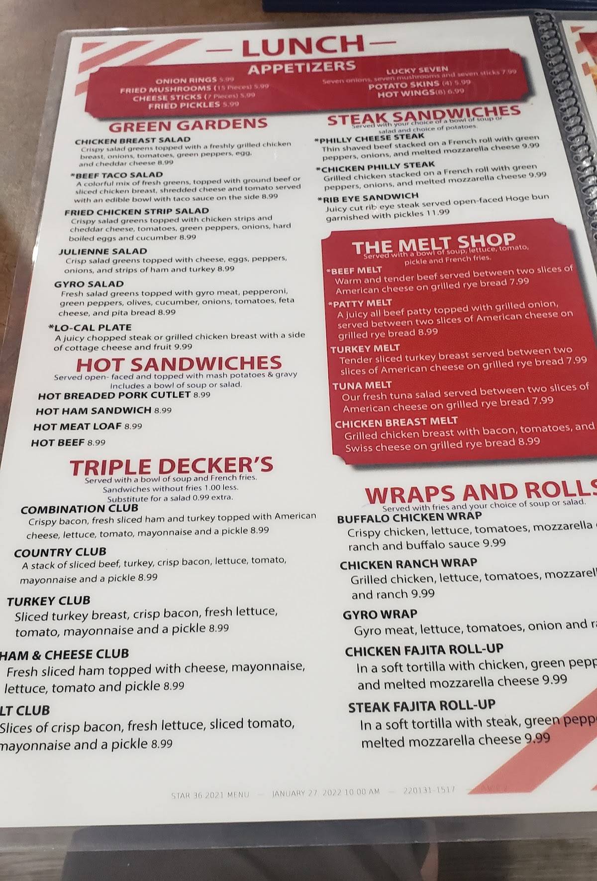 Menu at Star 36 Diner restaurant, Wathena