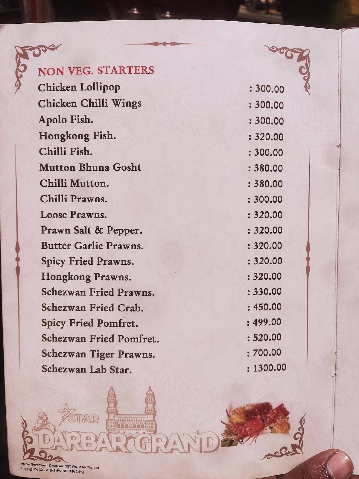 Star Darbar Grand menu