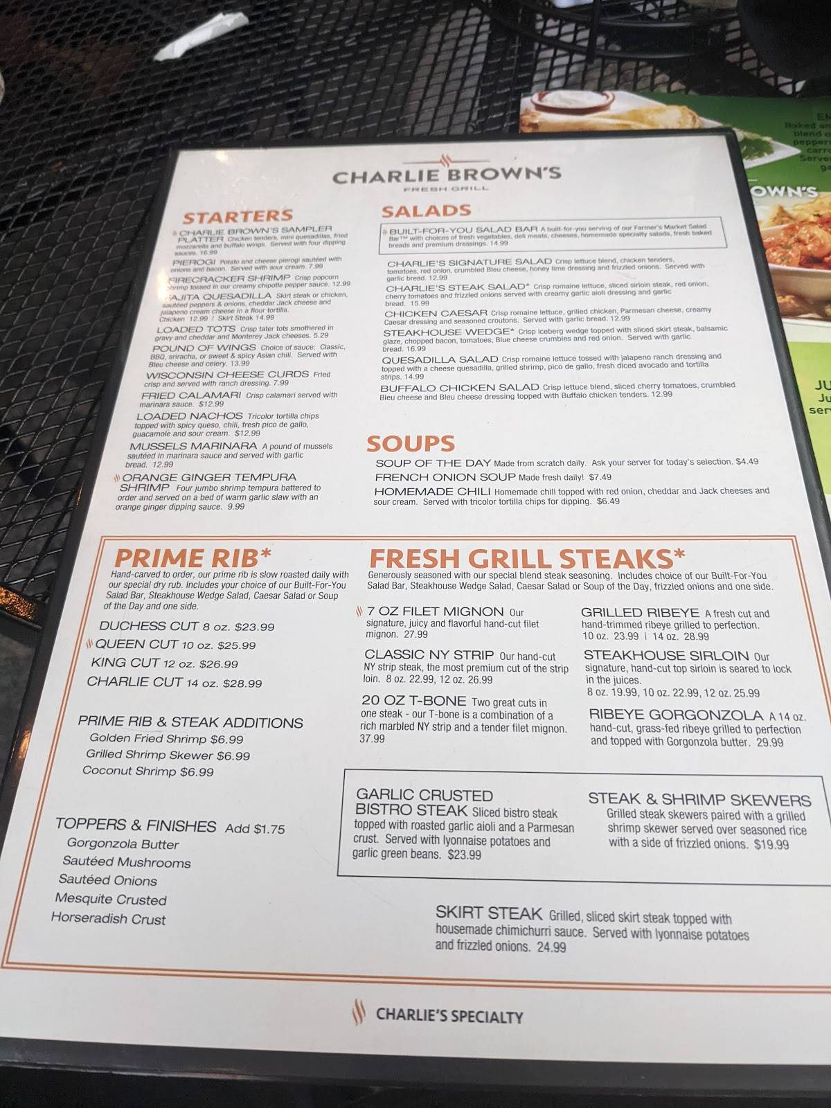 Menu at Charlie Brown's Fresh Grill steakhouse, Scotch Plains