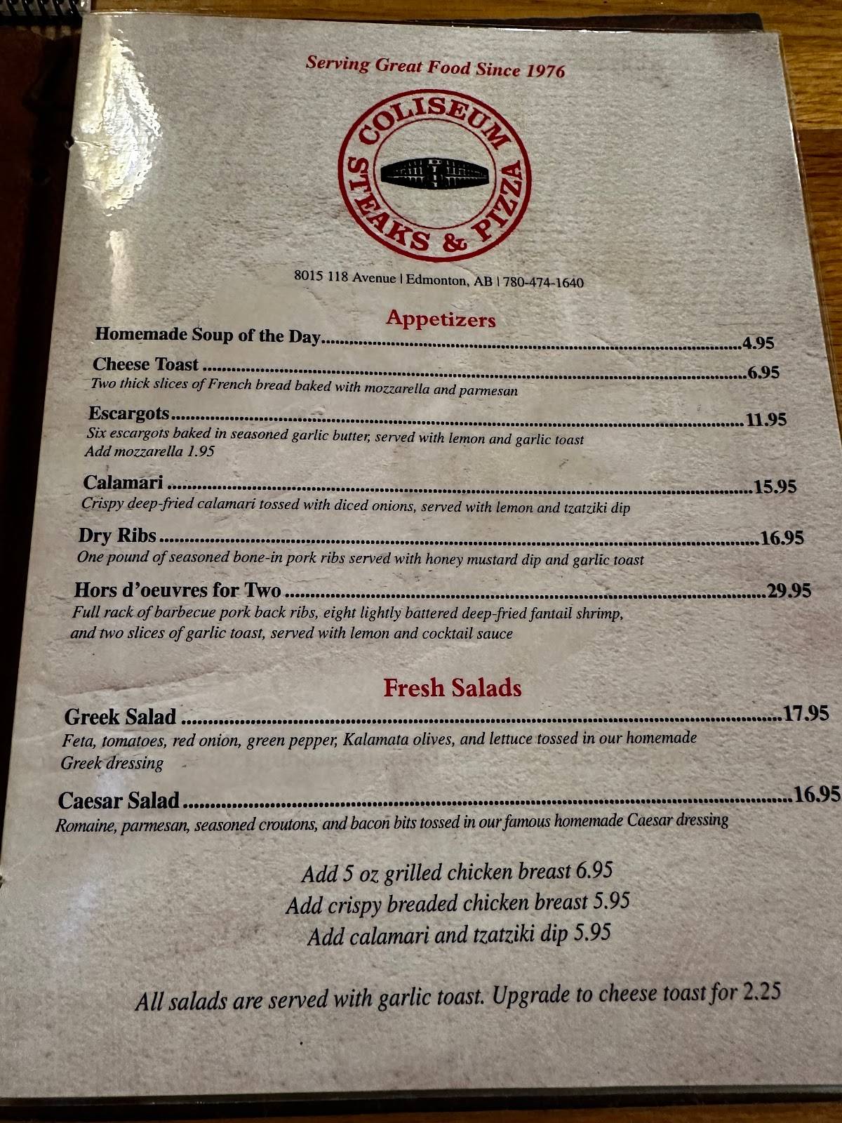 Menu at Coliseum Steak & Pizza steakhouse, Edmonton