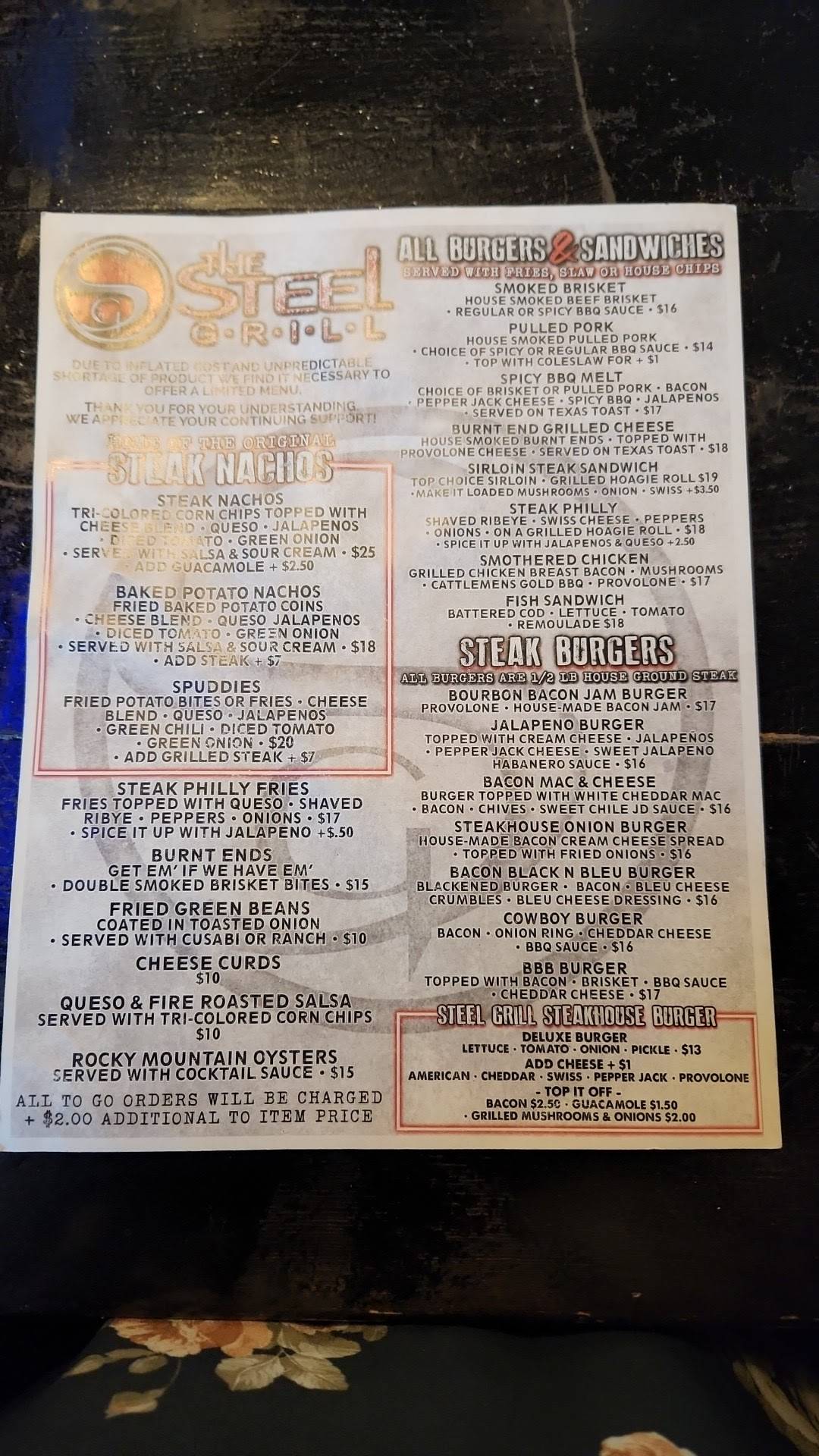 Menu at Steel Grill Restaurant & Bar, Gering