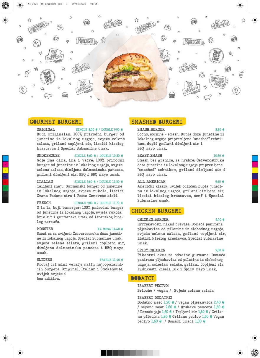 Menu di Submarine Burger Bogovićeva 