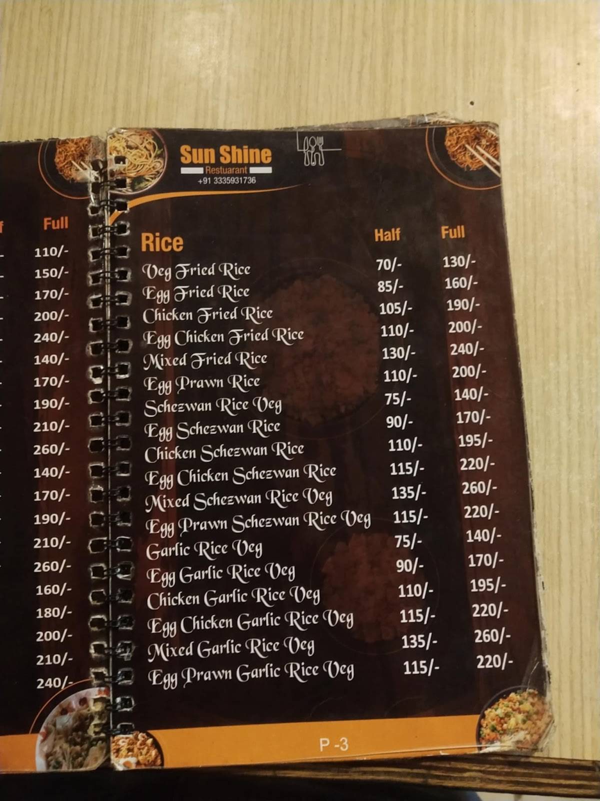 Sun Shine Restaurant menu