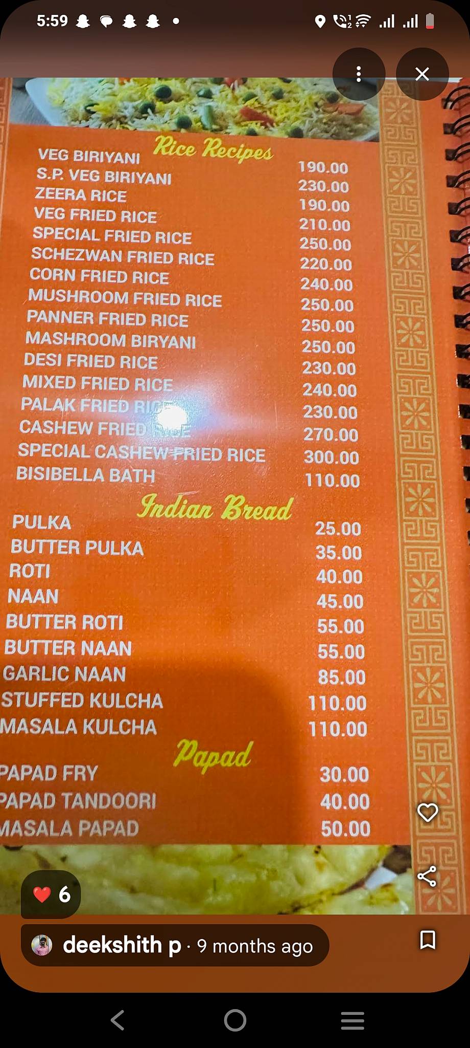 Surabhi Grand menu
