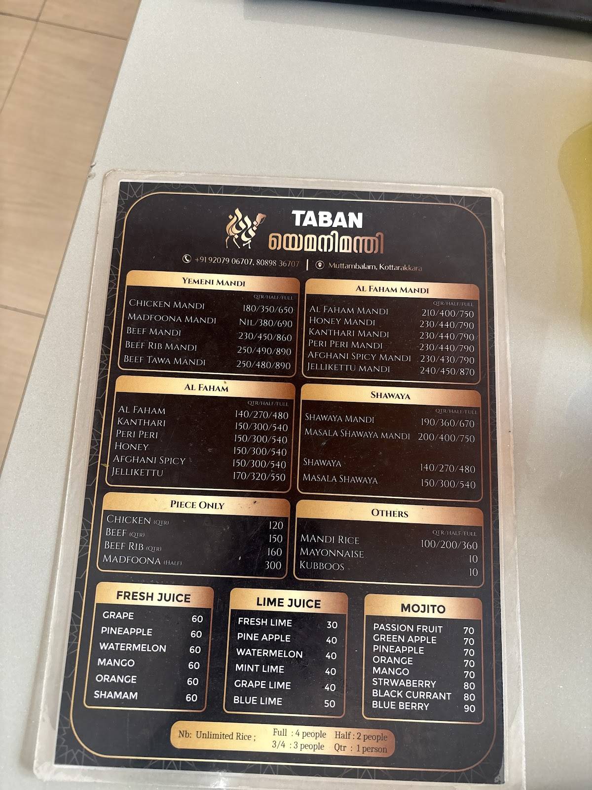 TABAN YEMENI MANDI -KOTTARAKKARA menu