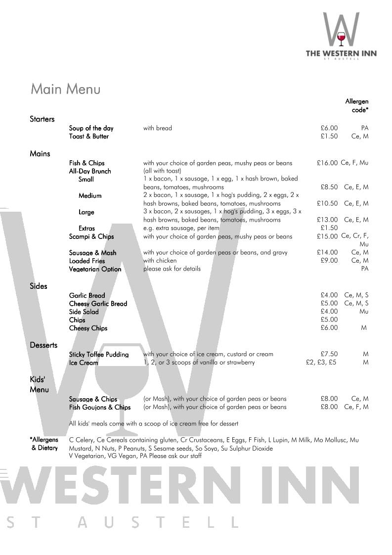Menu at The Western Inn pub & bar, Saint Austell
