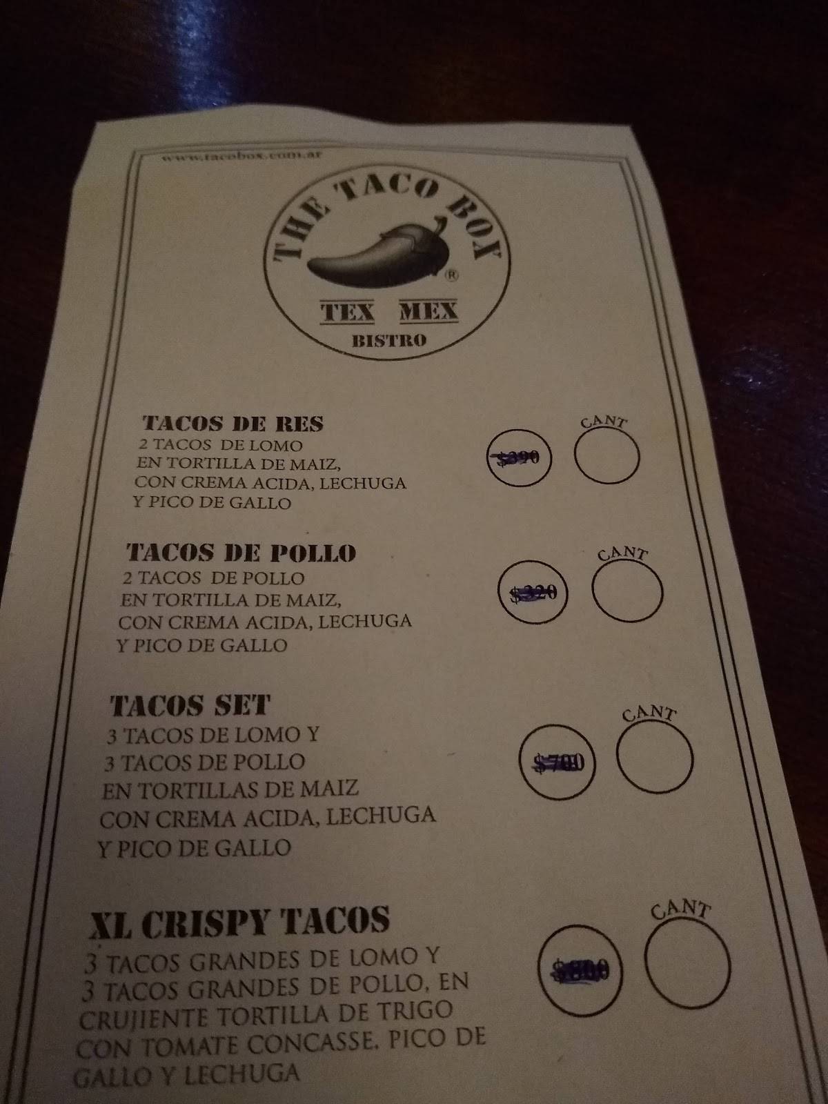 Carta del restaurante Taco Box, Pilar