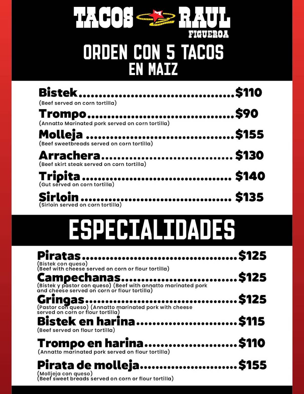 Carta del restaurante Tacos Raul Sur, Saltillo, Blvd. Emilio Arizpe del ...