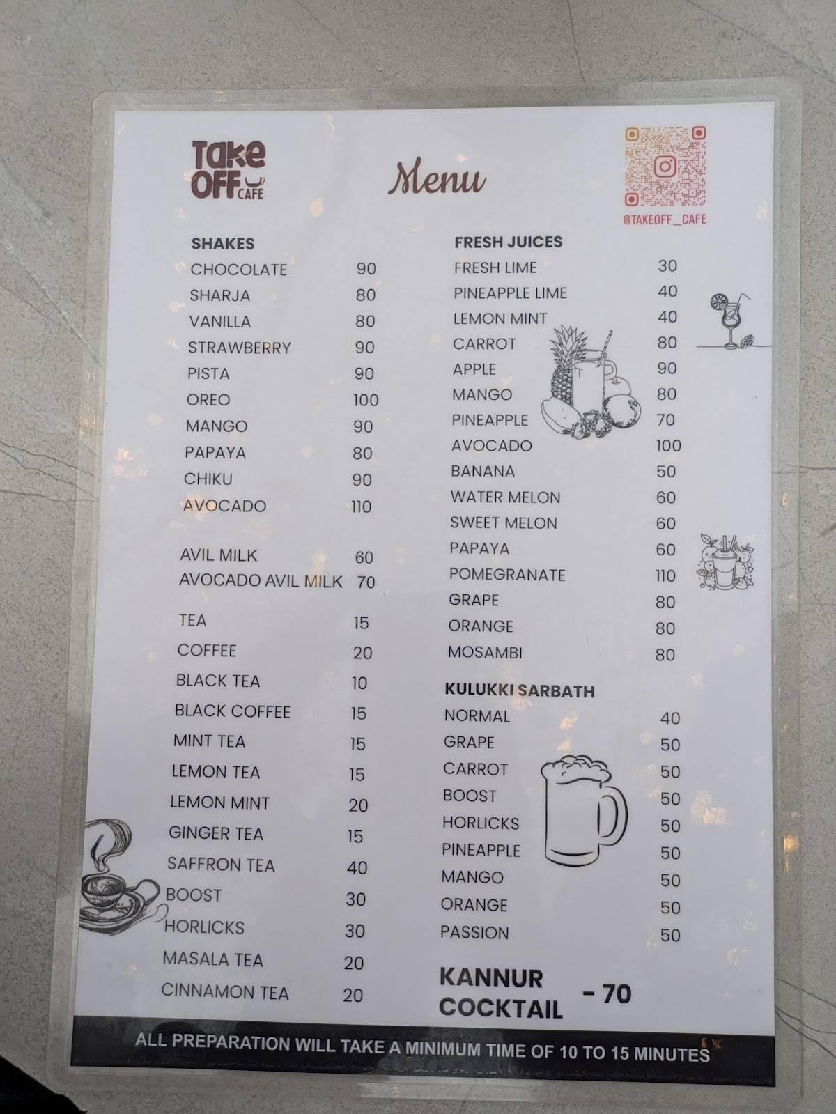 Take Off Cafe menu