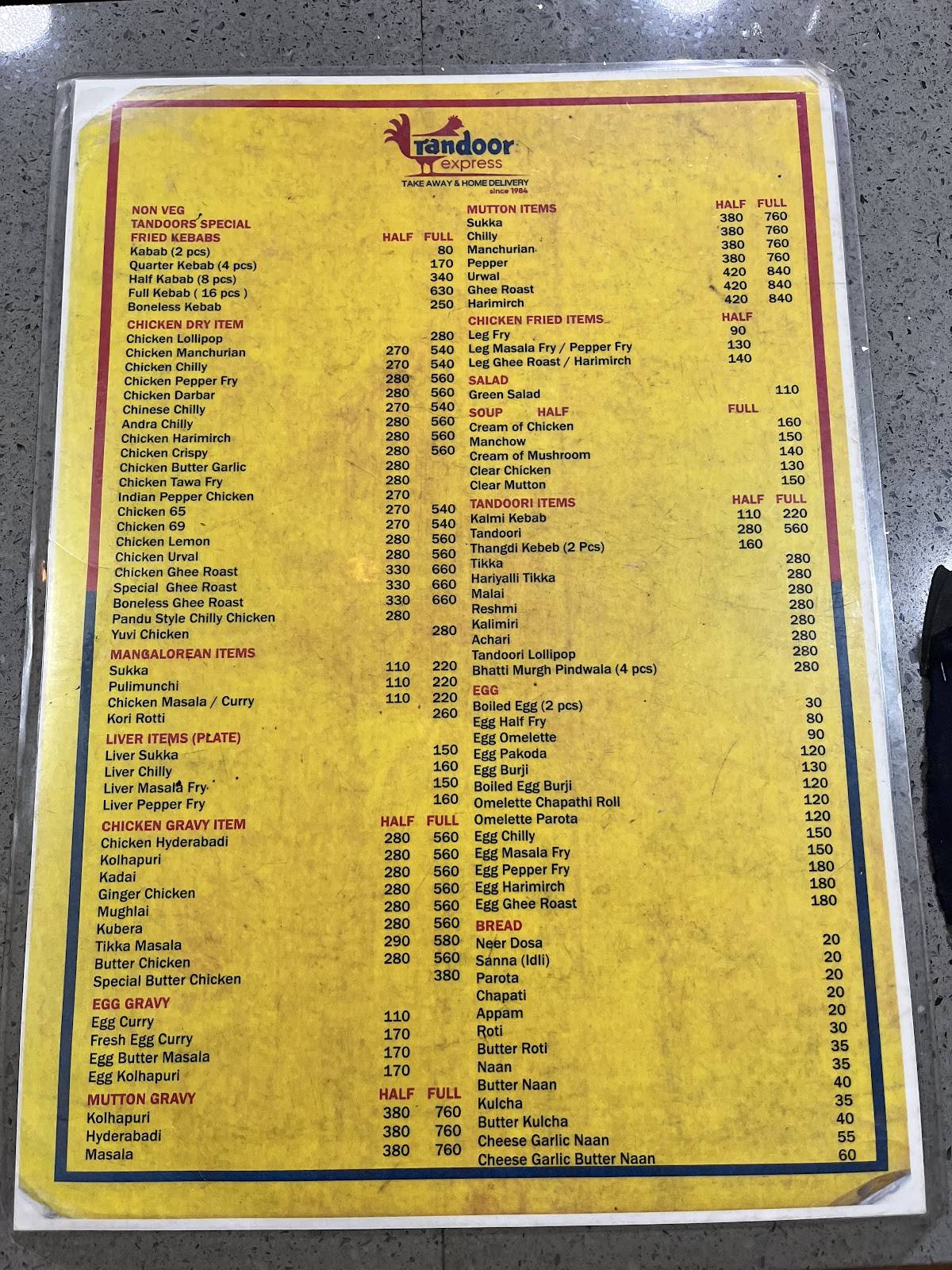 Tandoor Mangalore menu
