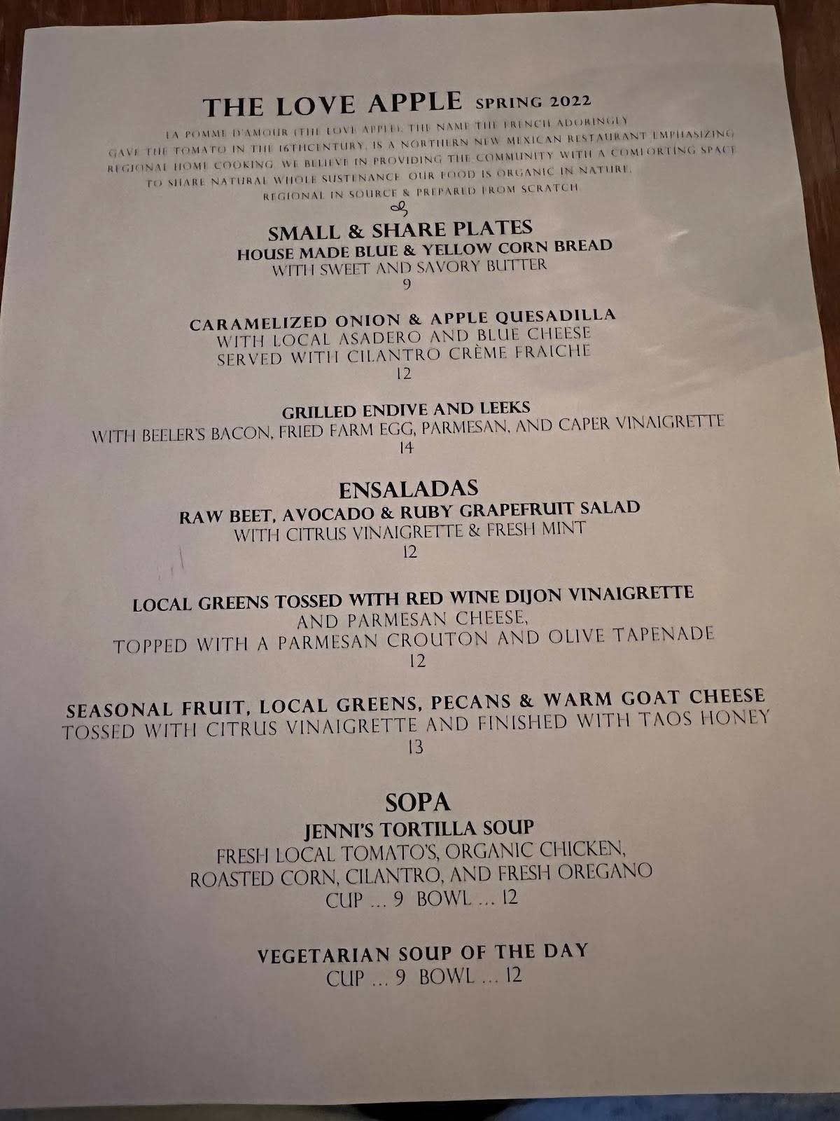 Menu at The Love Apple restaurant, Taos