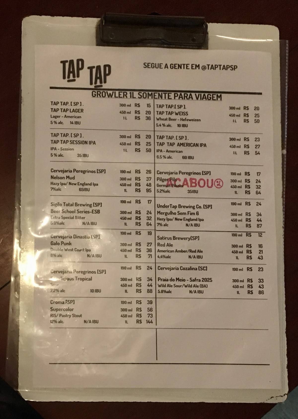Tap Tap Bar e Cervejaria cardápio