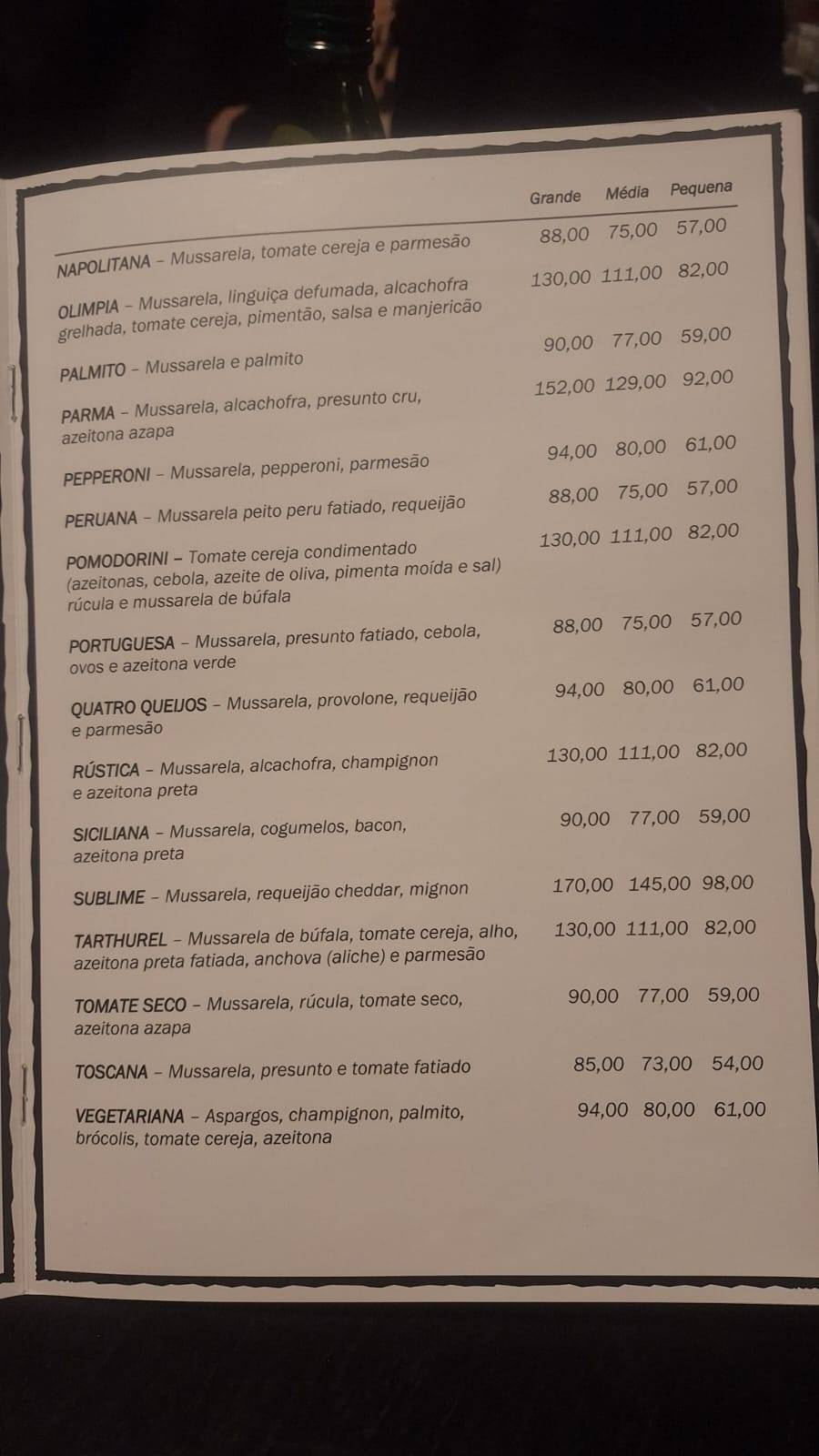 Tarthurel Pizzaria cardápio