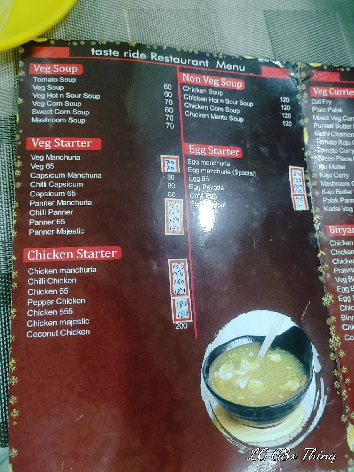 Taste Ride foods menu