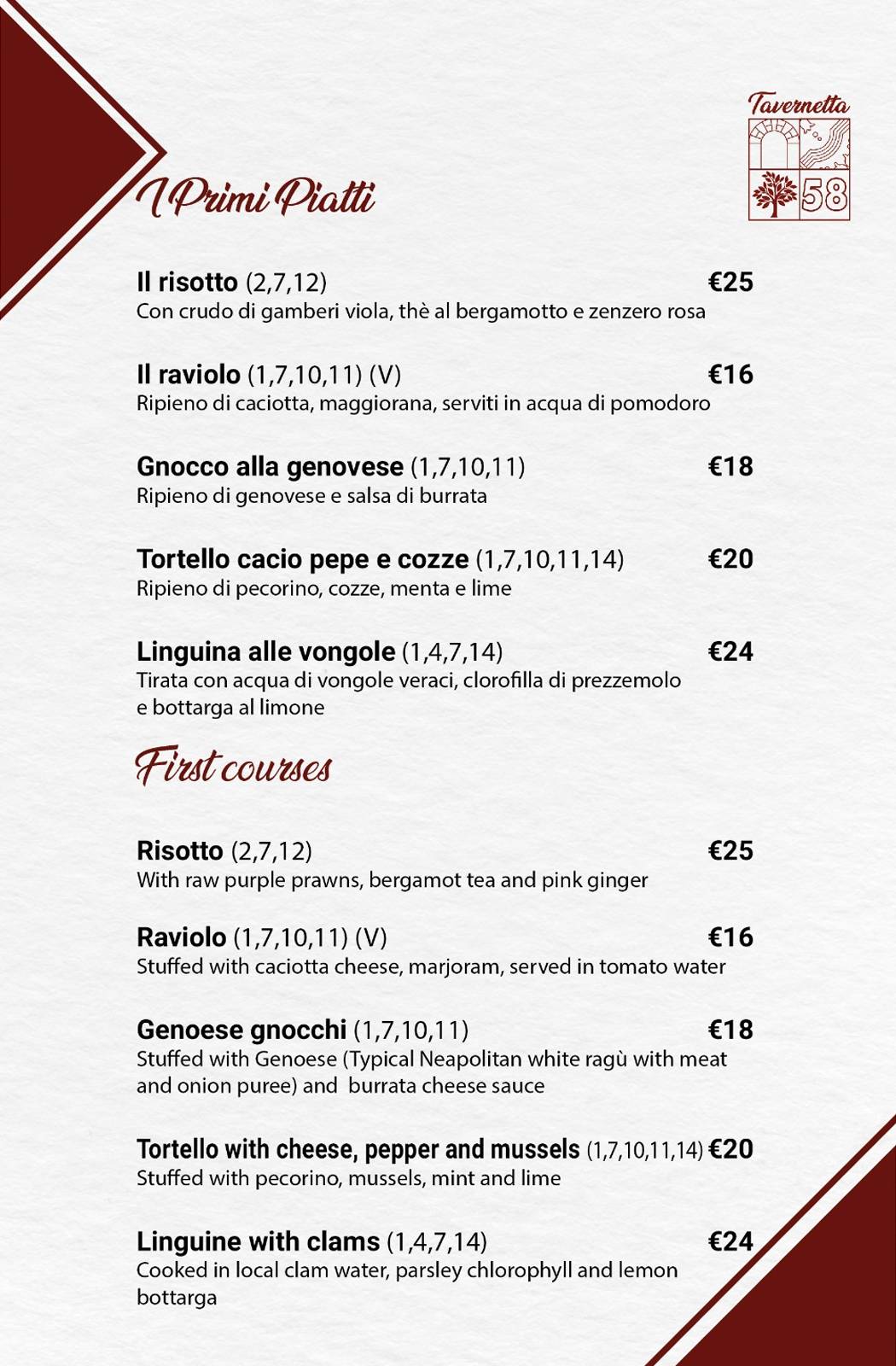 Menu di Tavernetta Cinquantotto 