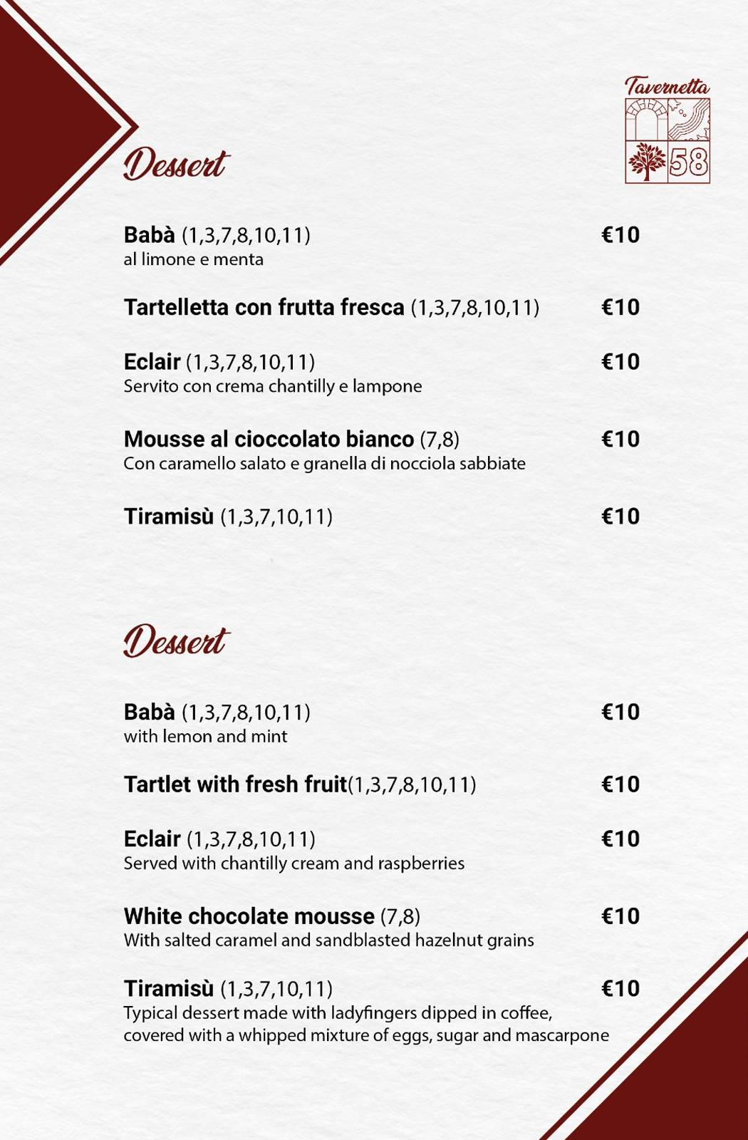 Menu di Tavernetta Cinquantotto 