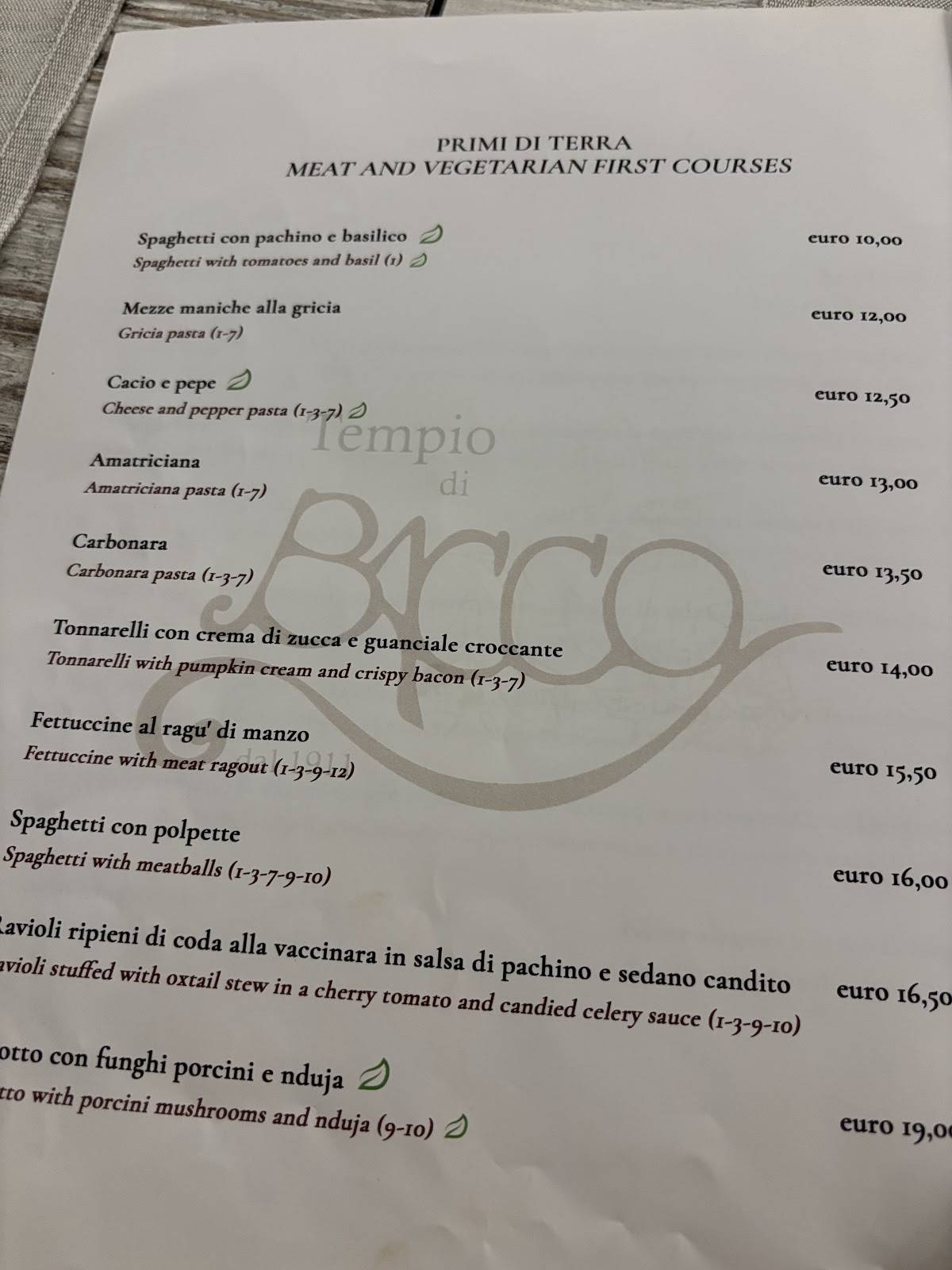 Menu di Tempio di Bacco Storico Ristorante 