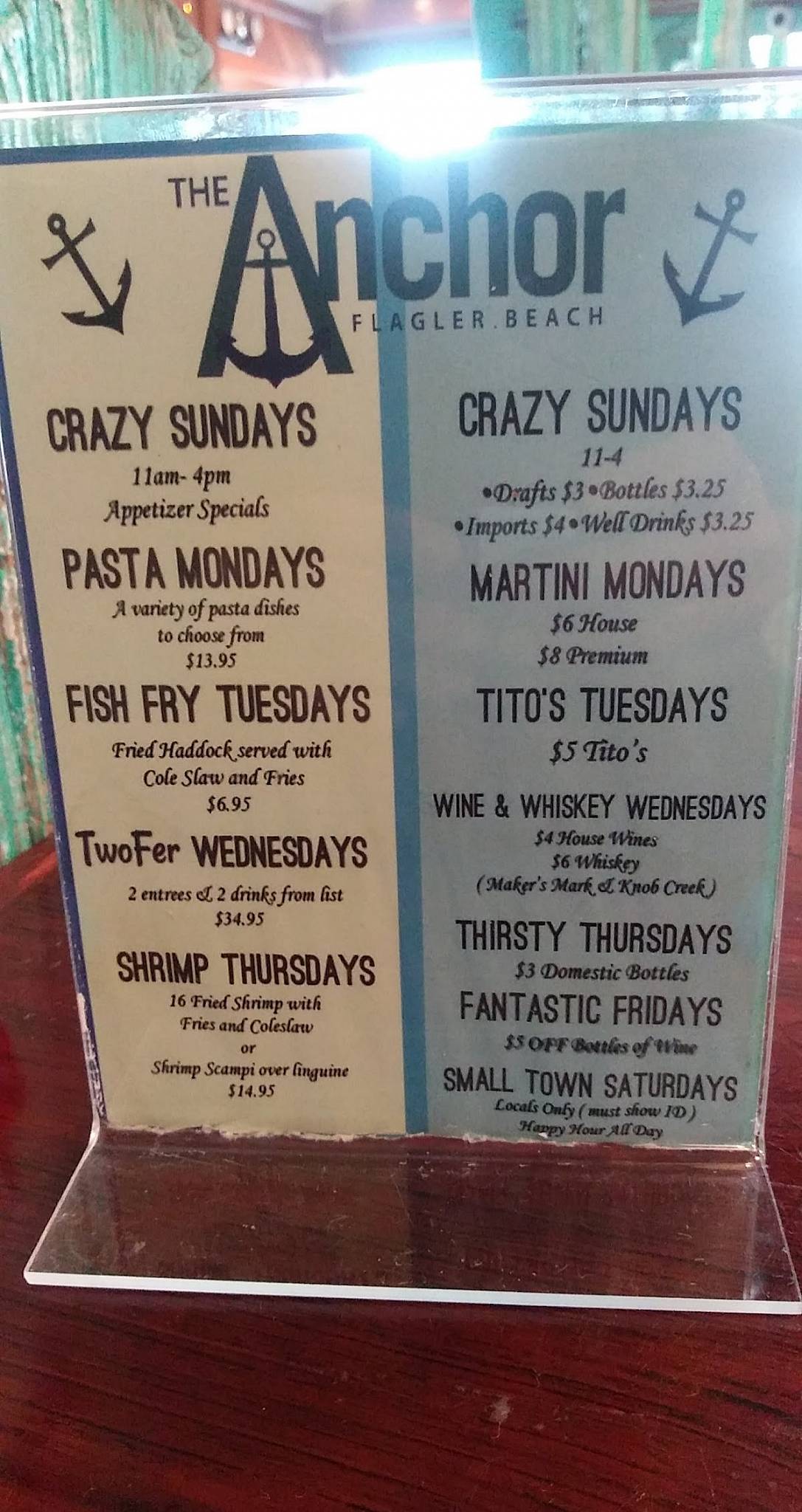Menu at The Anchor restaurant, Flagler Beach