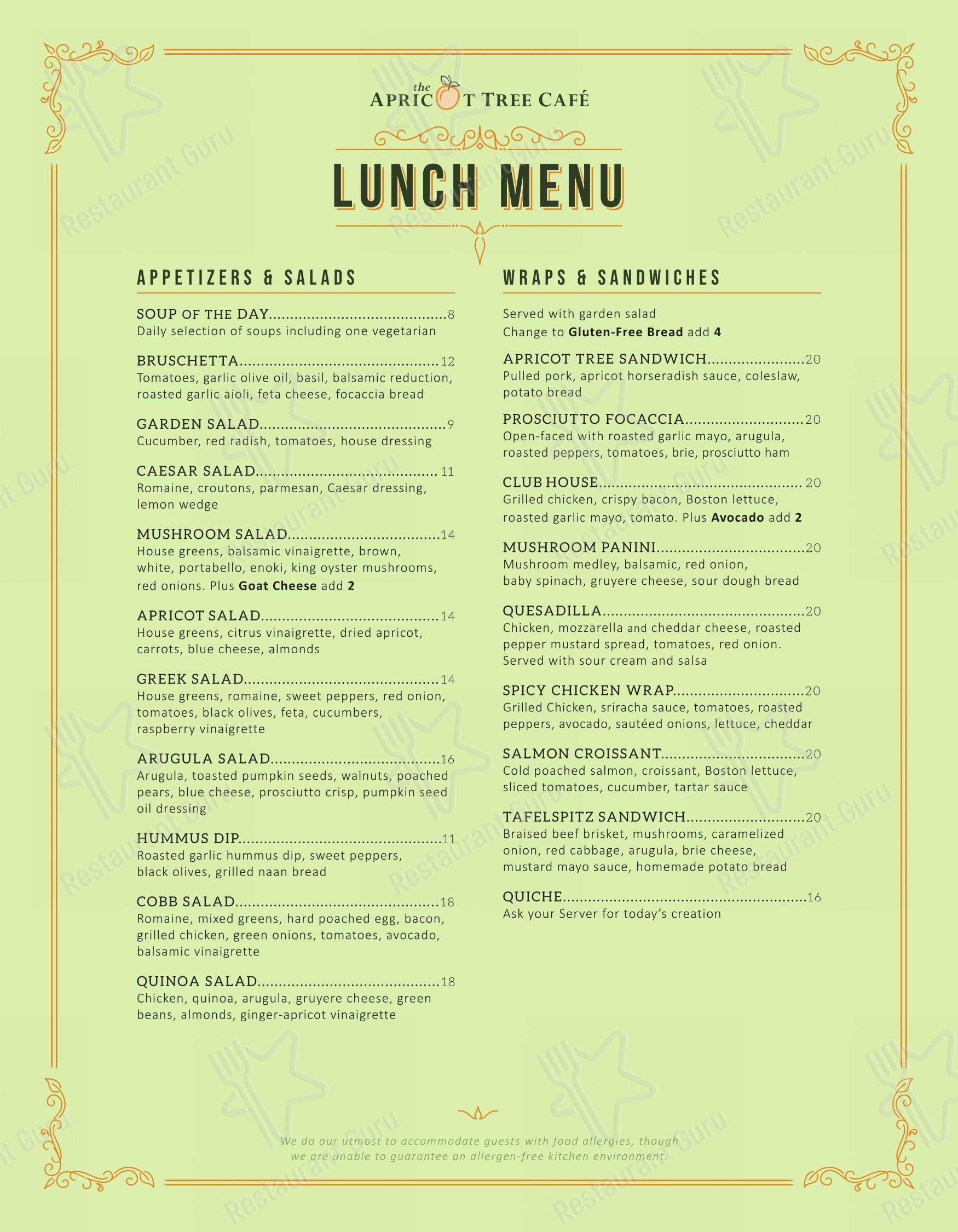 Menu bar pour The Apricot Tree Cafe desserts