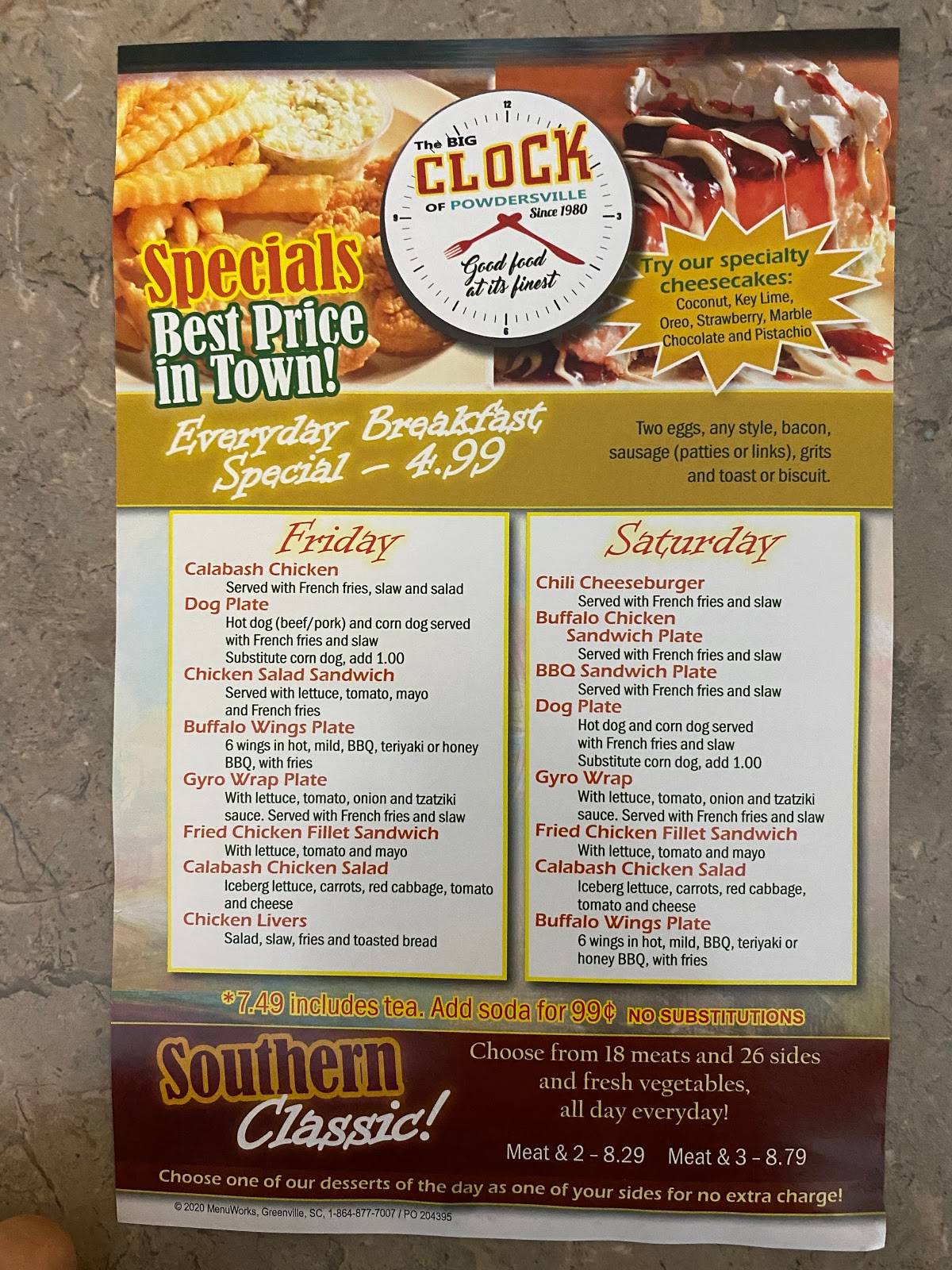 Menu at The BIG Clock of Powdersville restaurant, Greenville, SC153