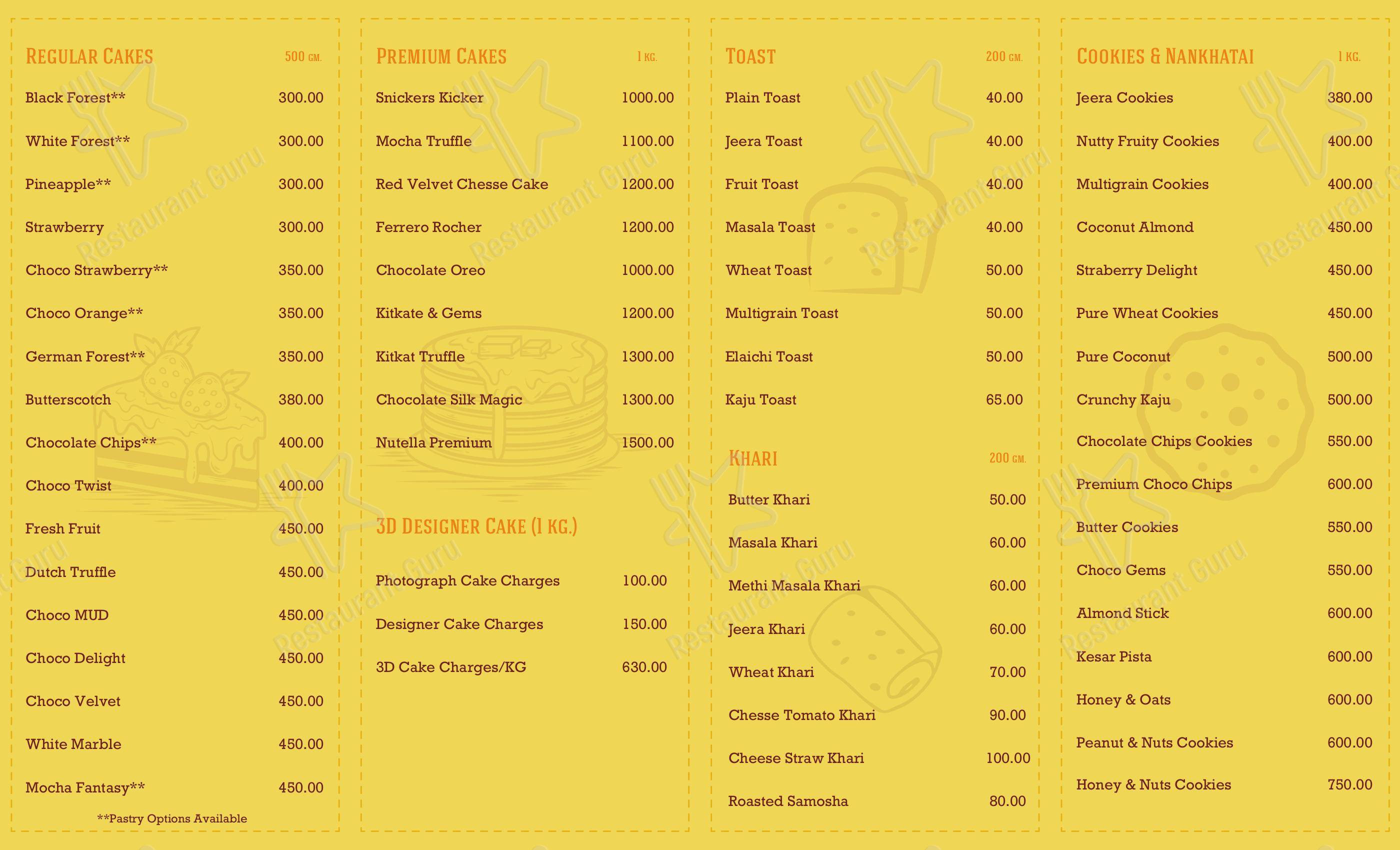 Menu for the The Bakery Point restaurant