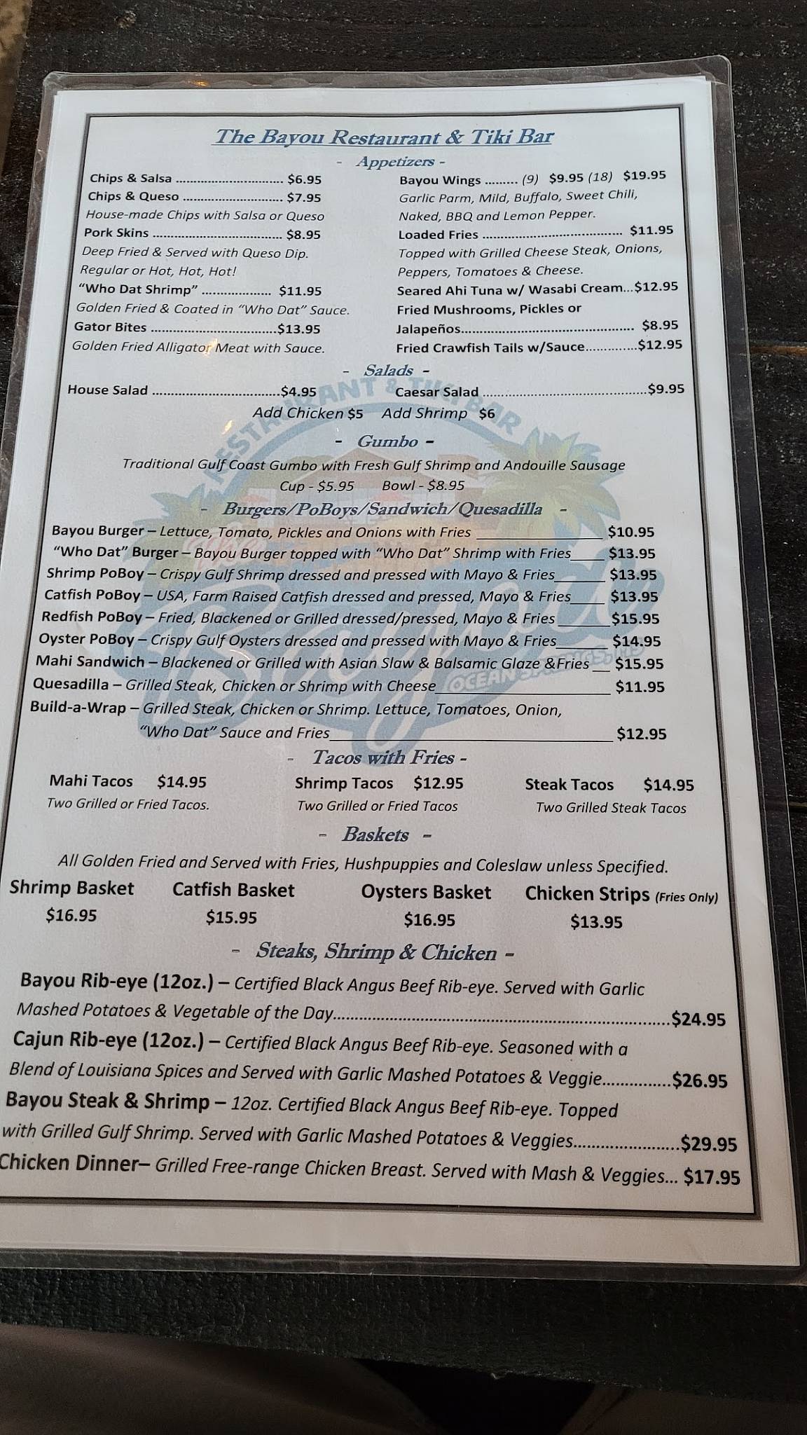 Menu at The Bayou Dockside Bar & Grill, Ocean Springs