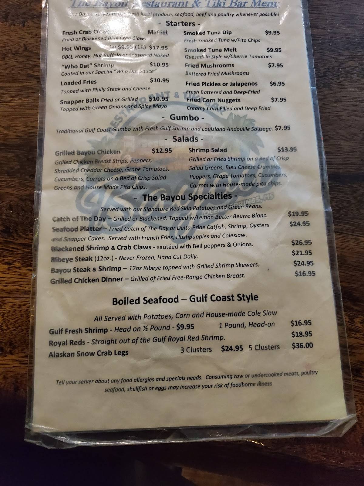 Menu at The Bayou Dockside Bar & Grill, Ocean Springs