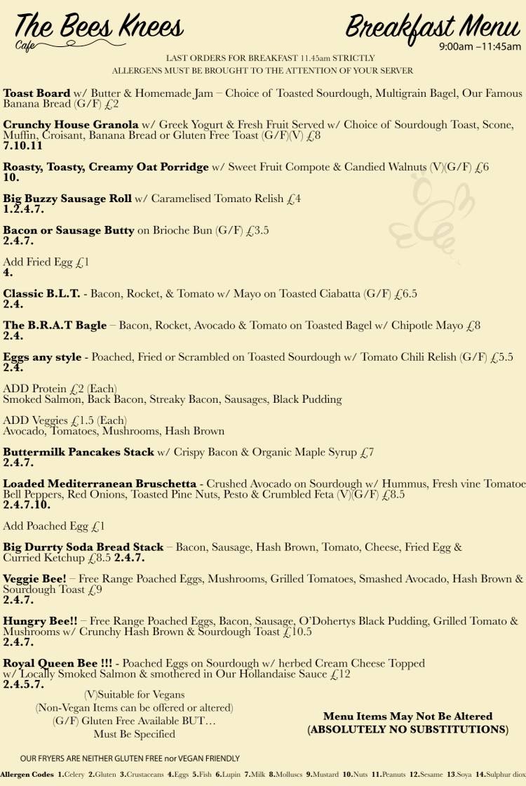 Menu at The Bees Knees Cafe, Enniskillen