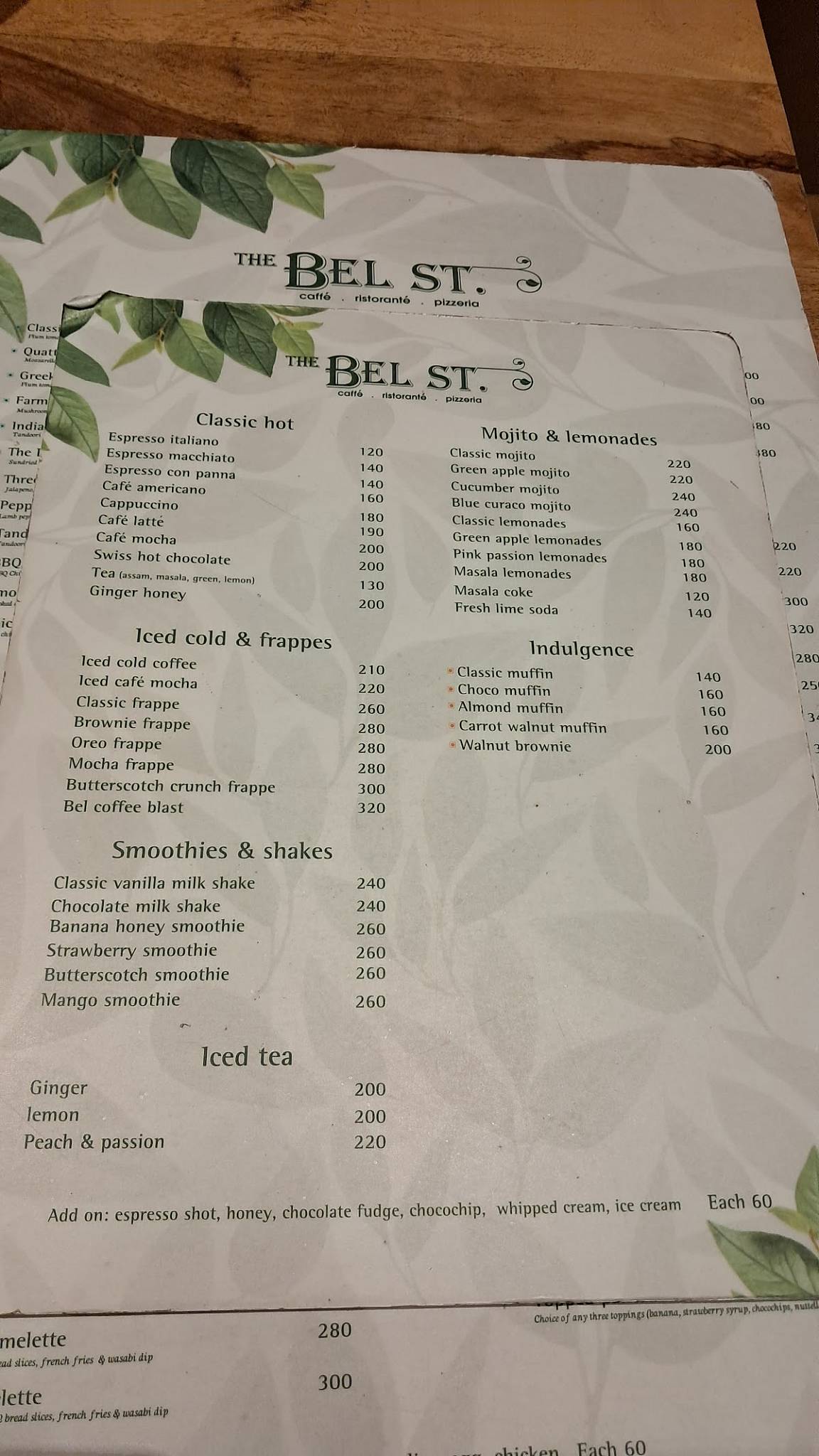 The Bel St. menu