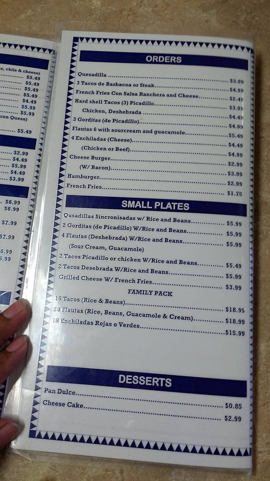 Menu at Burrito House restaurant, El Paso, Dyer St