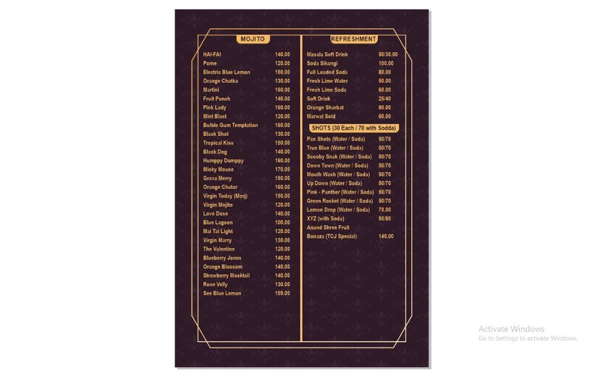 The Central Jail Restaurant menu