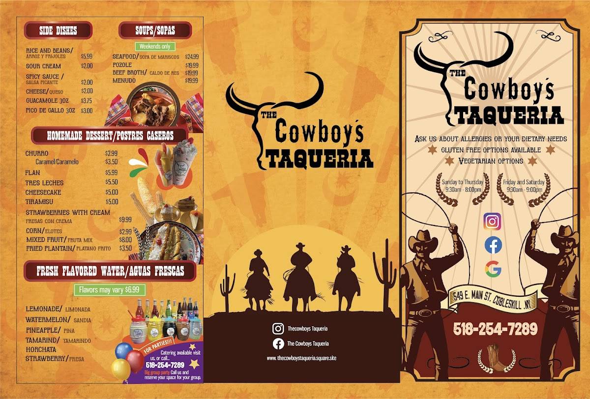 Menu at The Cowboy's Taqueria restaurant, Cobleskill