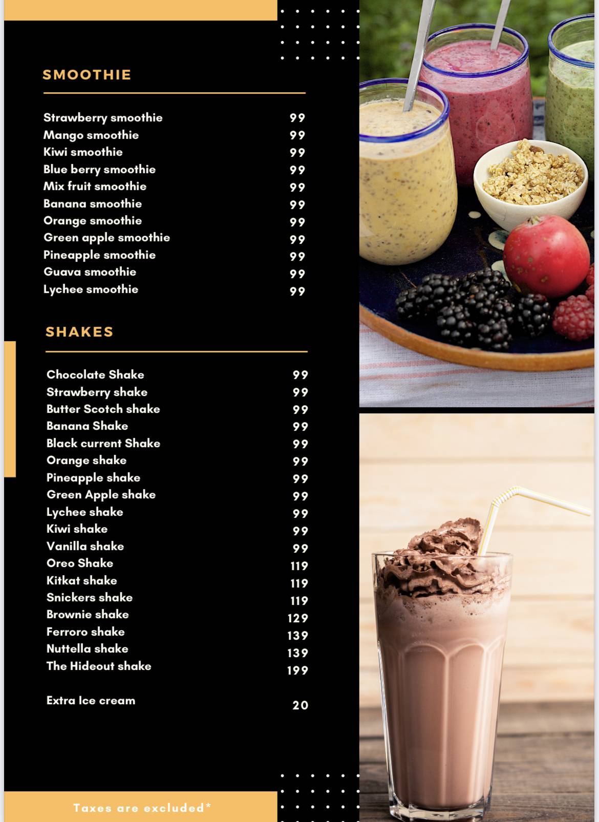 The Hideout Cafe menu