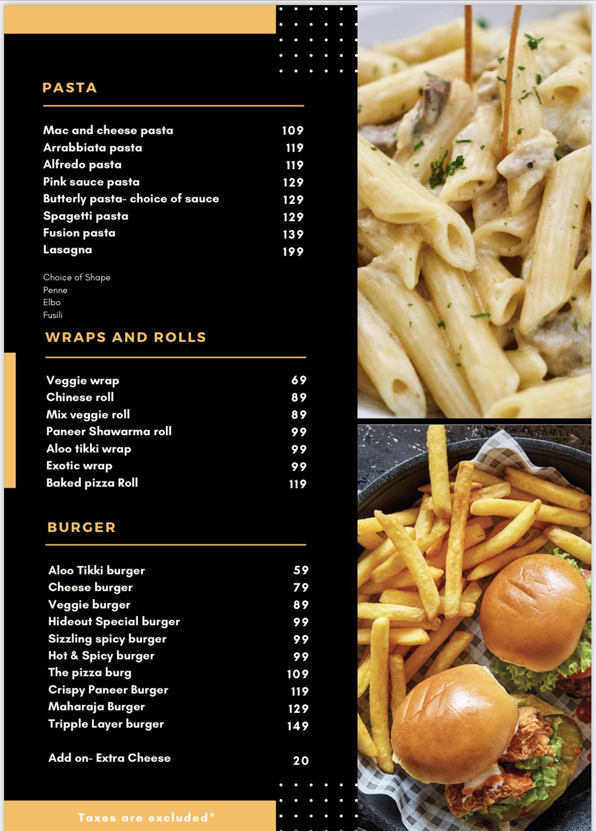 The Hideout Cafe menu