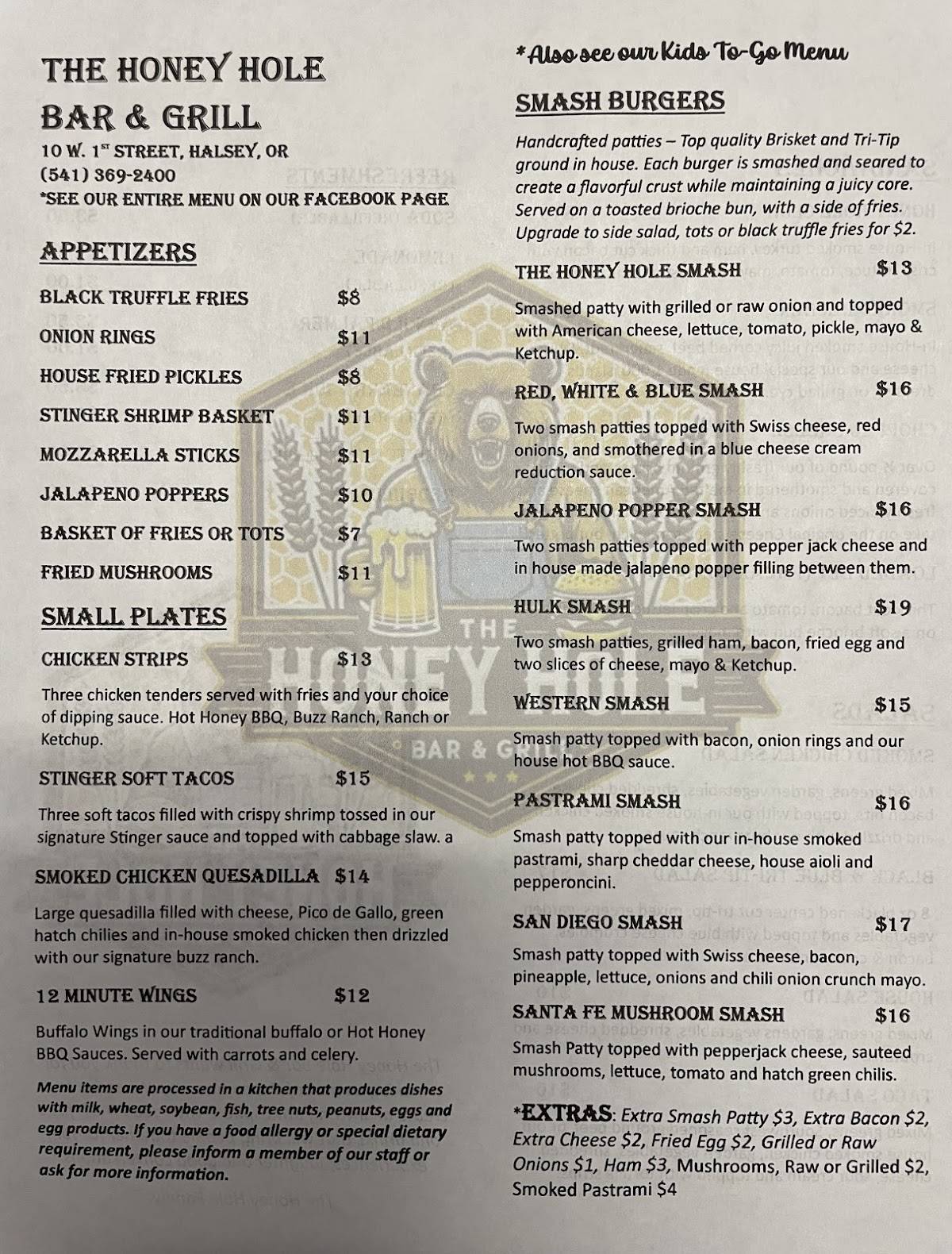 Menu at The Honey Hole Bar & Grill, Halsey