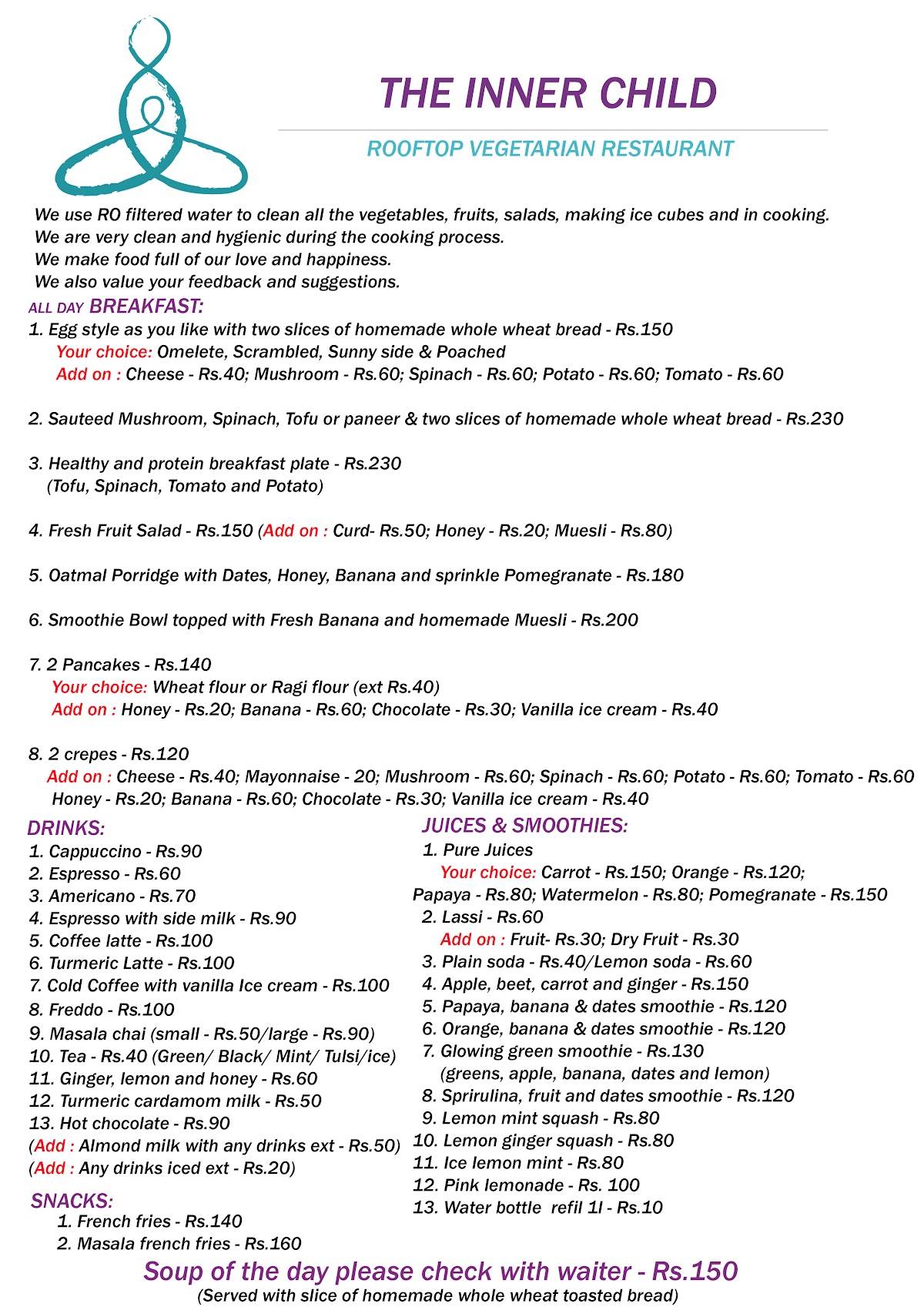 The Inner Child Restaurant menu