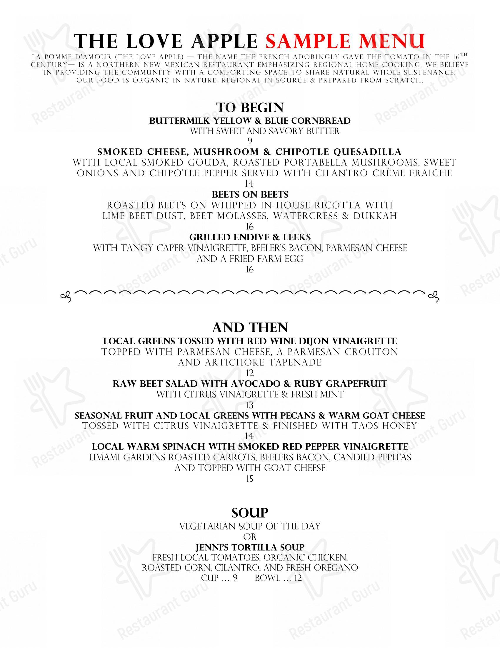 Menu at The Love Apple restaurant, Taos