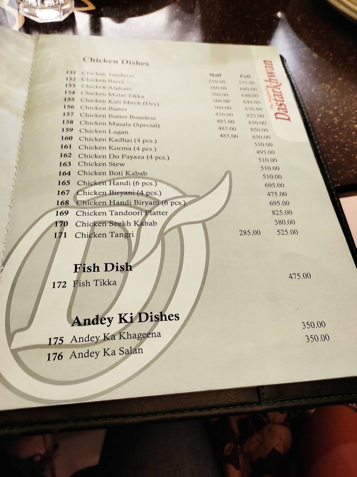 The Mughal's Dastarkhwan menu