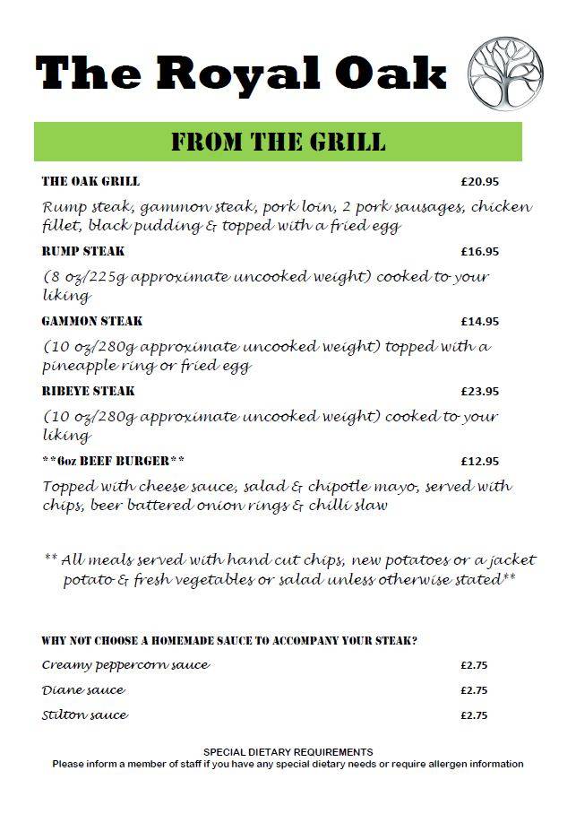 Menu At The Royal Oak Pub And Bar Clowne High St