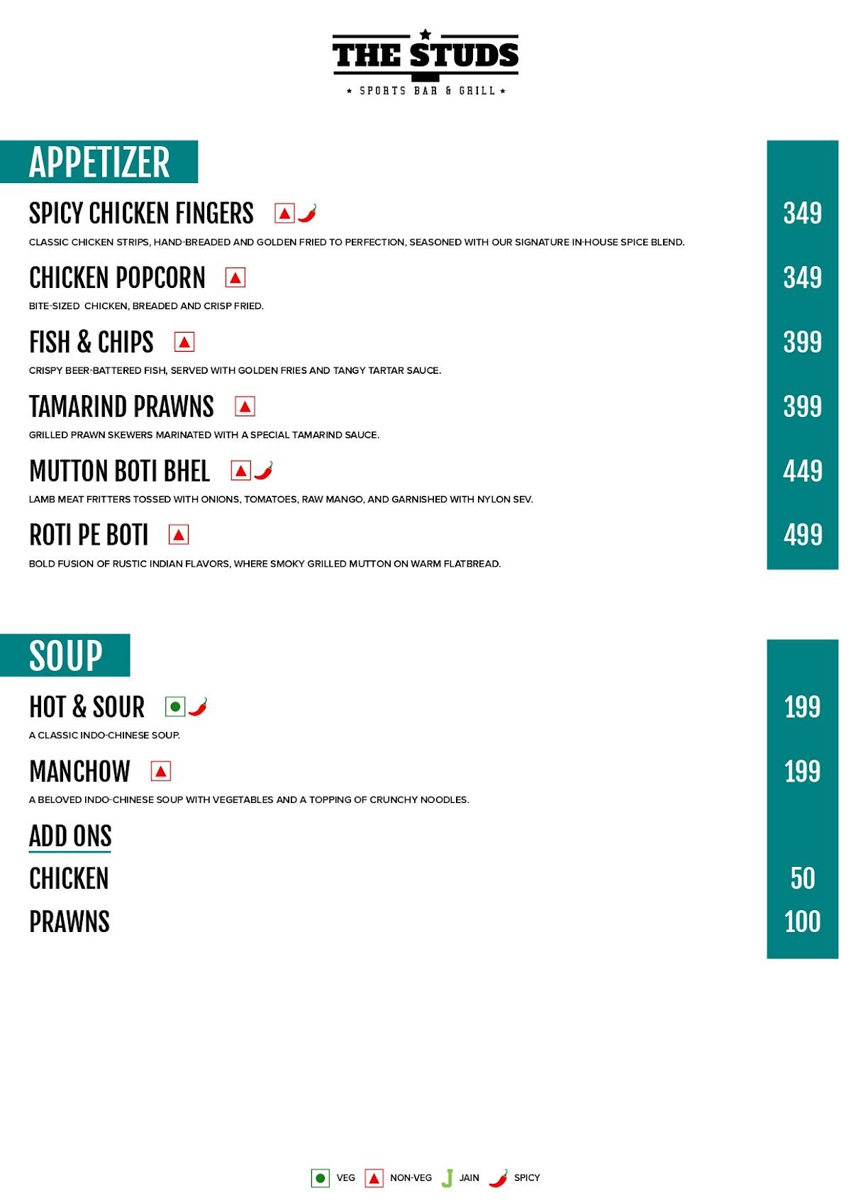 The Studs Sports Bar - All Day Diner & Taproom menu