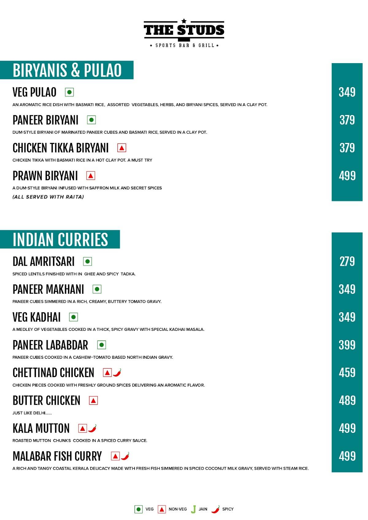 The Studs Sports Bar - All Day Diner & Taproom menu