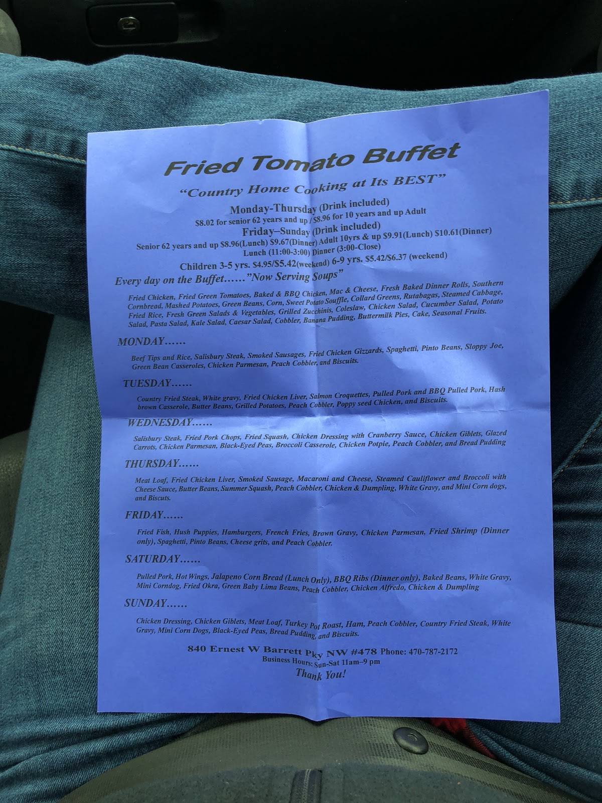 Menu at The Tomatoes Country Buffet restaurant, Kennesaw