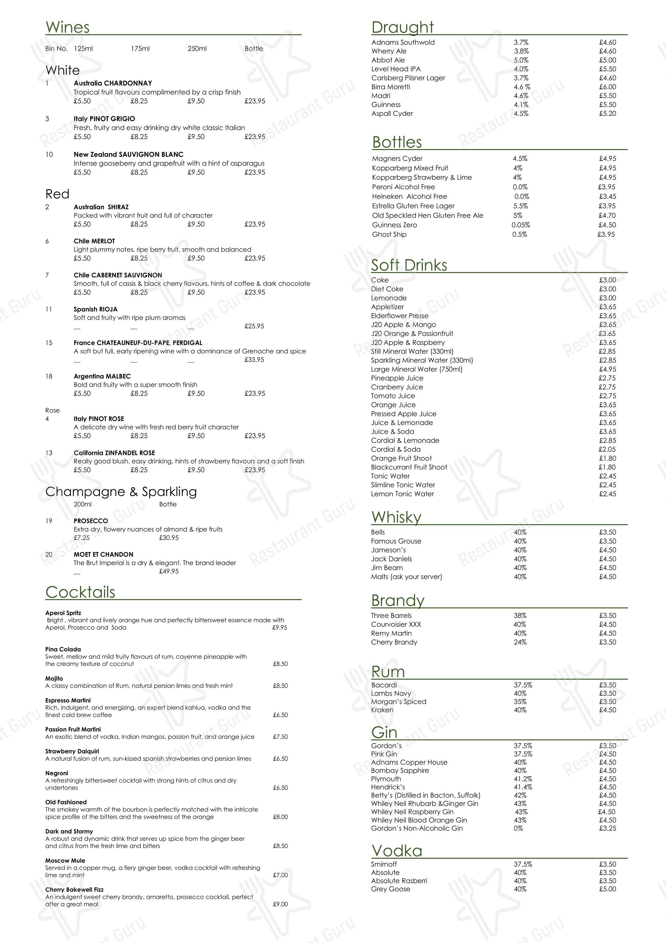 Menu at The White Horse Inn restaurant, Eye
