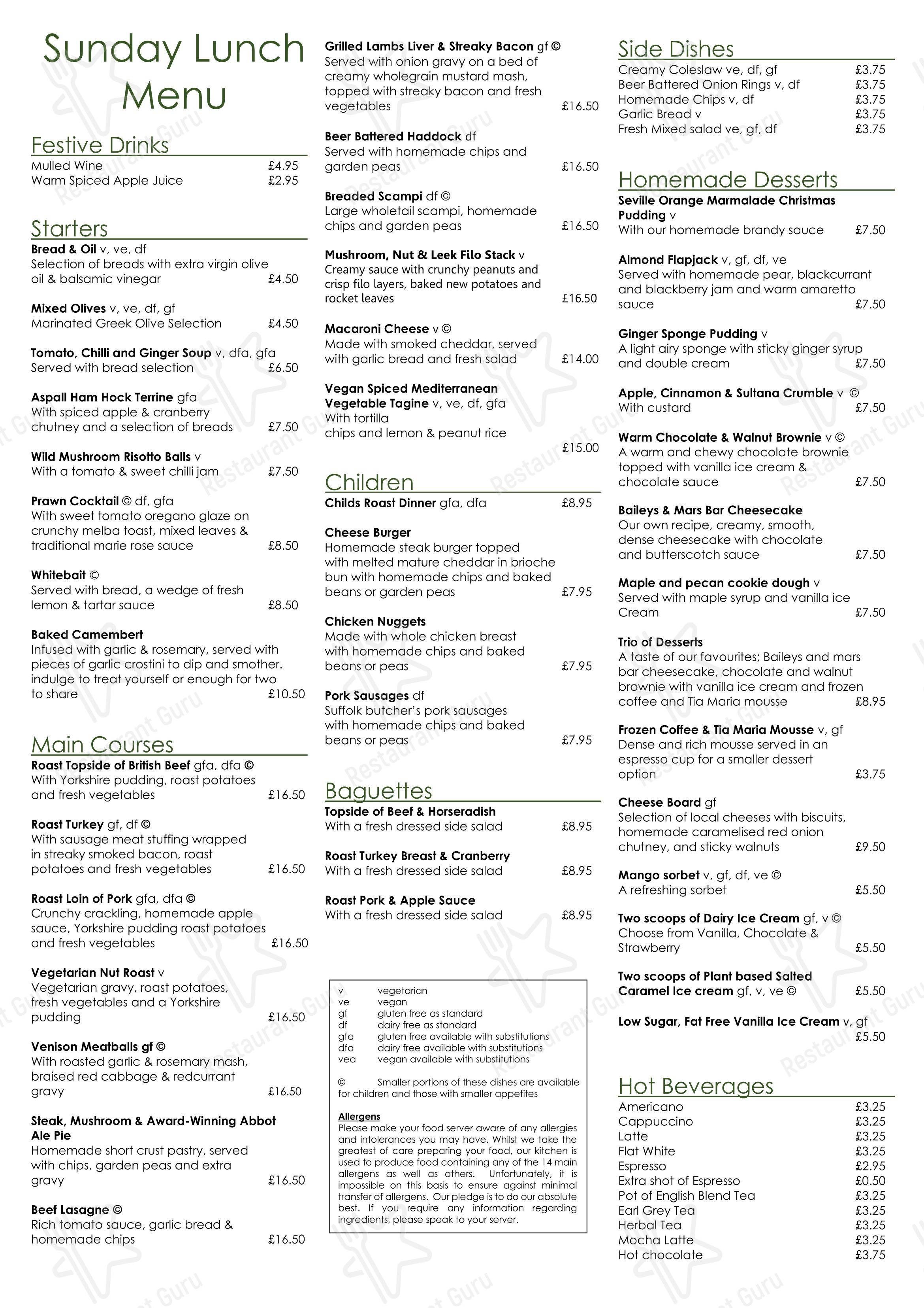 Menu at The White Horse Inn restaurant, Eye