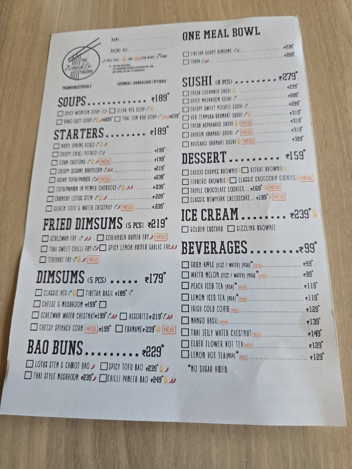 The noodle theory, Mysore (Pan Asian) menu