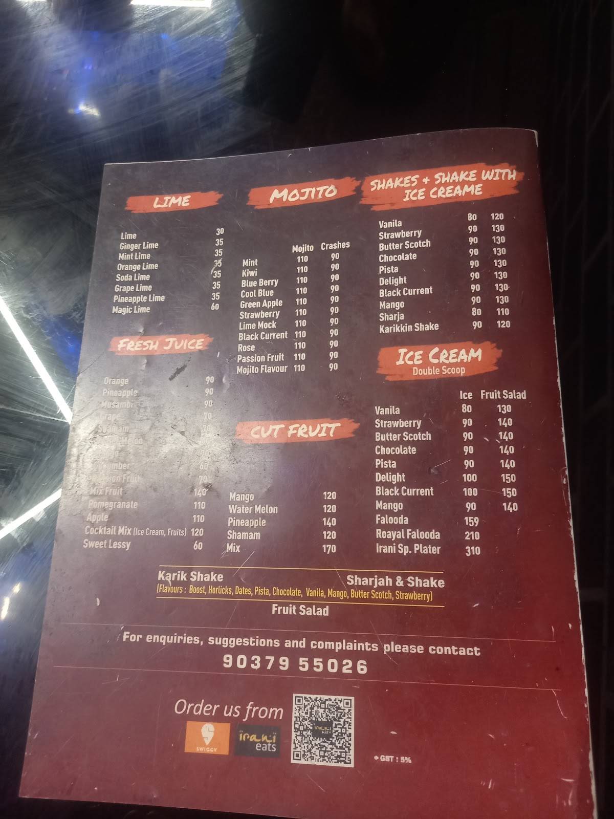 Irani Restaurant menu