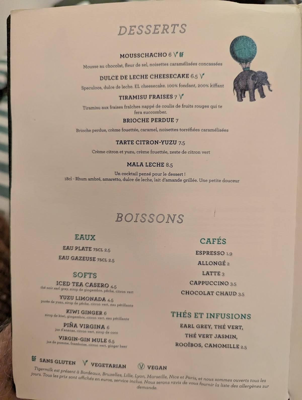 Menu de Tigermilk Nice