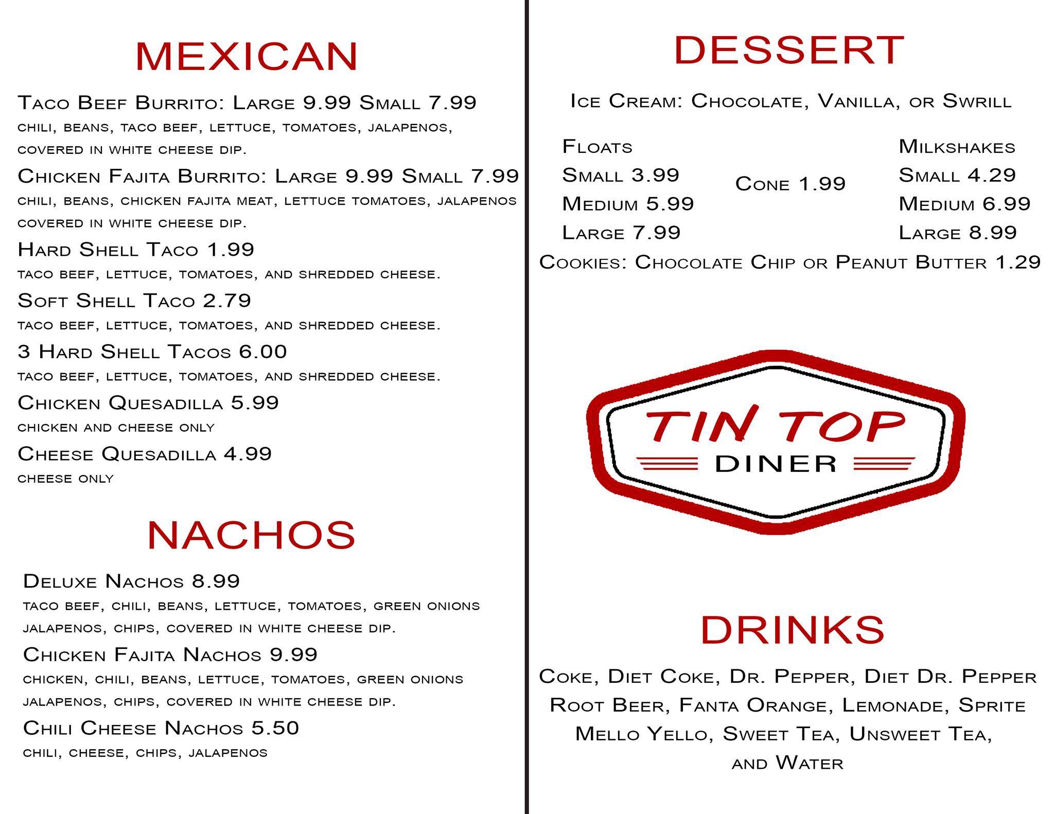 Menu at Tin Top Diner, East Camden, 400 AR274